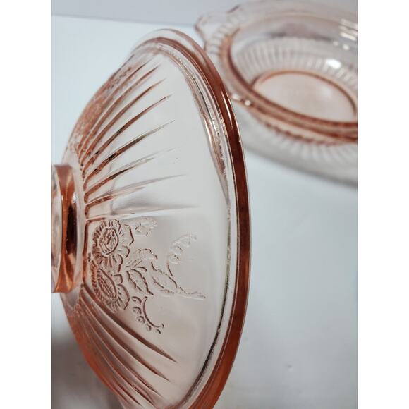 Vtg 1930s Anchor Hocking Rose Pink Depression Glass Mayfair Handled Covered Dish - Picture 5 of 10